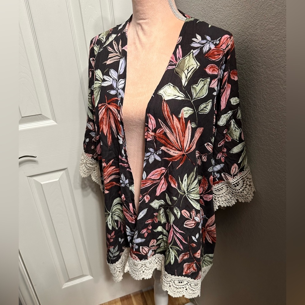 Front of Closet Black Tropical Print Open Kimono